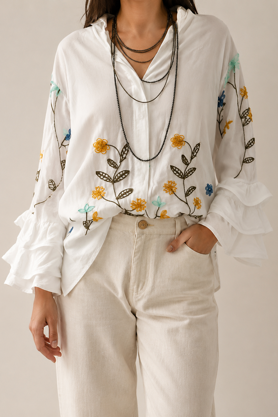 Camicia Fiori con Manica Volant