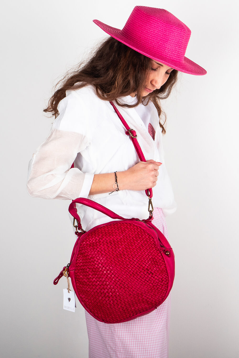 Borsa pelle intrecciata donna fucsia